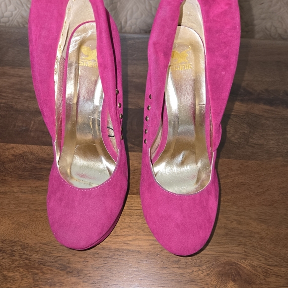 Pink Suede Wedge Heels with Stud Accents - Picture 3 of 5